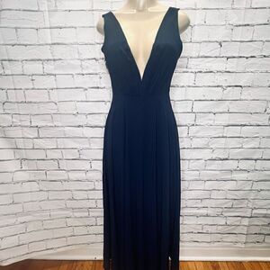 Jenny Yoo Womens Blue Sleeveless Plunging V Neck Long Chiffon Gown Size 2